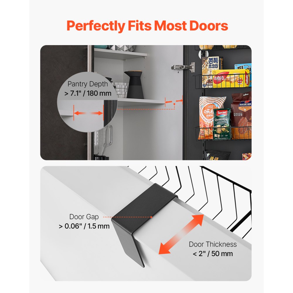 VEVOR Organizer do szafki spiżarniowej, mocowany na drzwiach, 6-poziomowe stalowe wieszaki na przyprawy, regulowane półki ścienne, do kuchni i łazienki, czarny