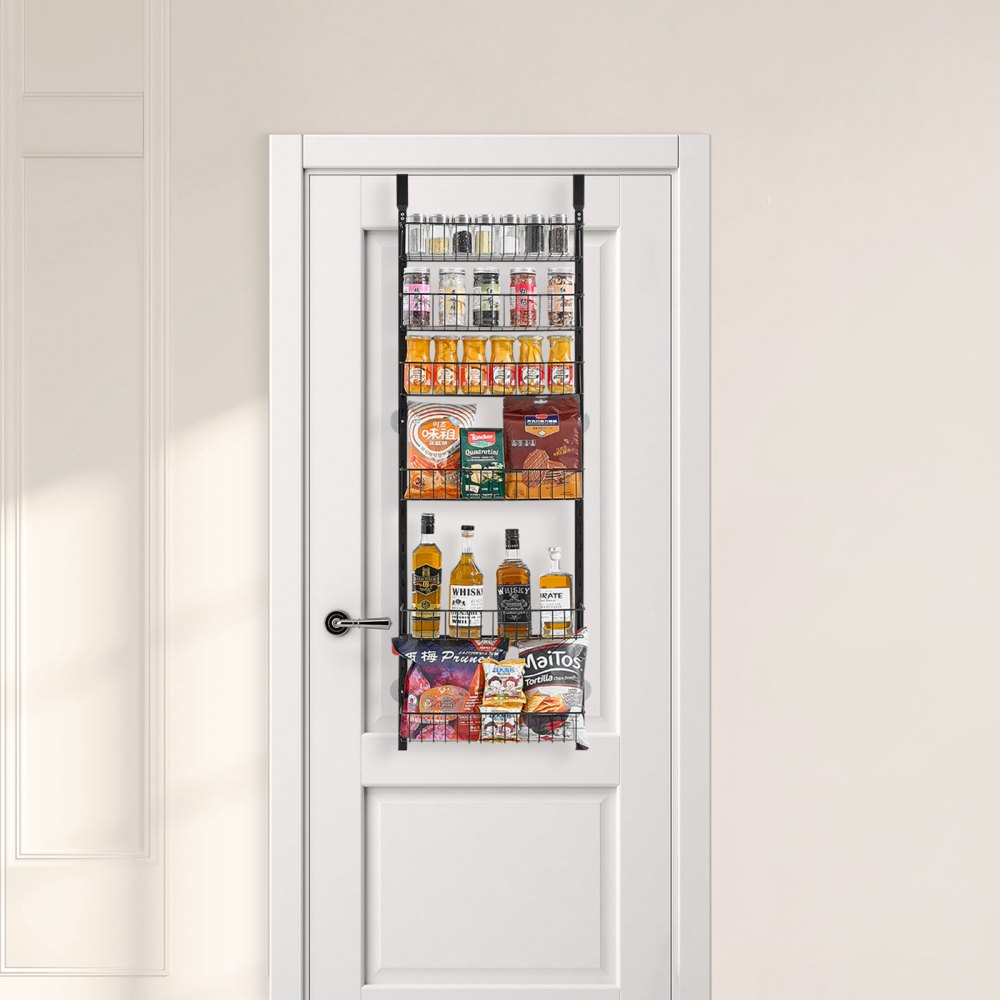 VEVOR Organizer do szafki spiżarniowej, mocowany na drzwiach, 6-poziomowe stalowe wieszaki na przyprawy, regulowane półki ścienne, do kuchni i łazienki, czarny