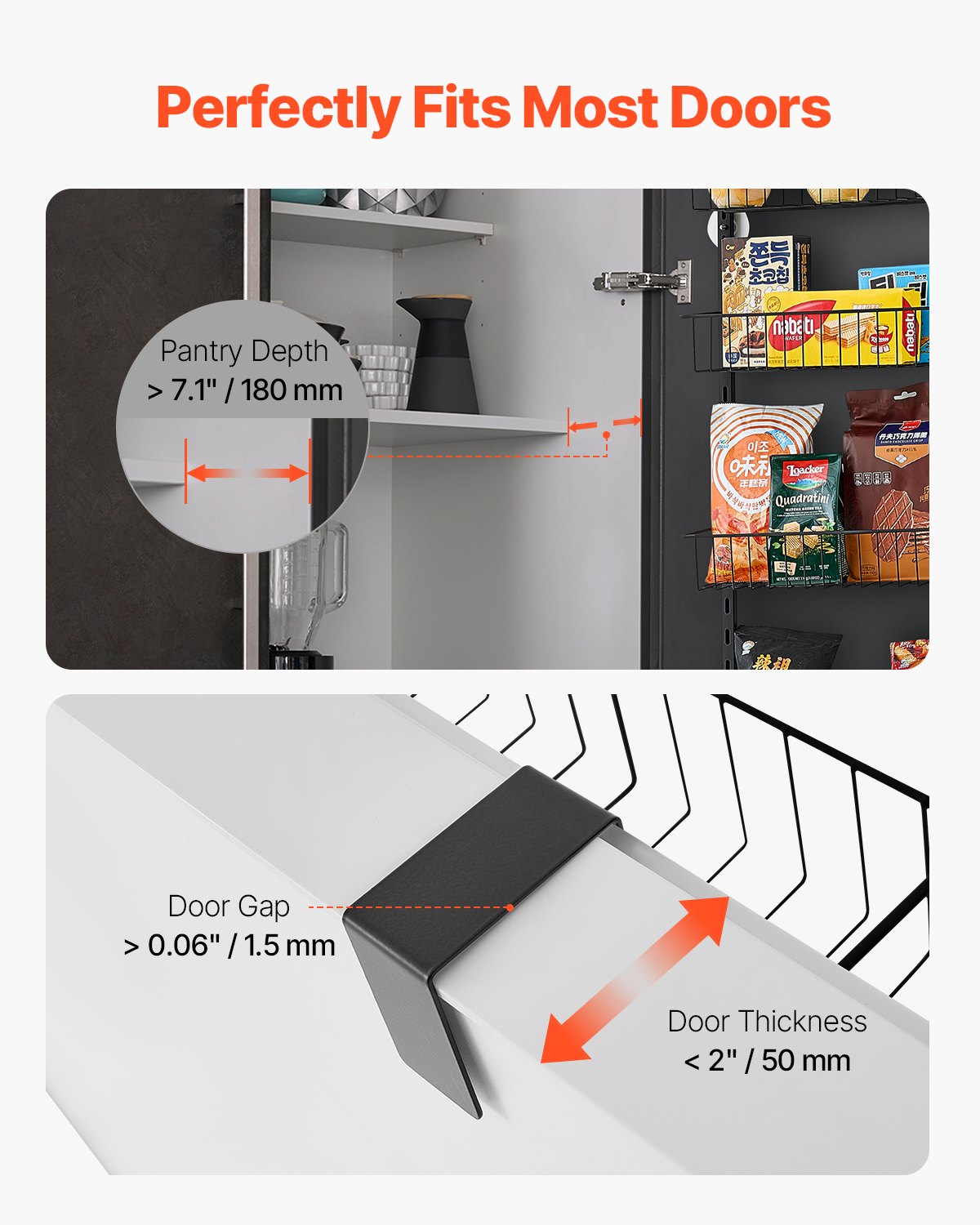 VEVOR Organizer do szafki spiżarniowej, mocowany na drzwiach, 6-poziomowe stalowe wieszaki na przyprawy, regulowane półki ścienne, do kuchni i łazienki, czarny