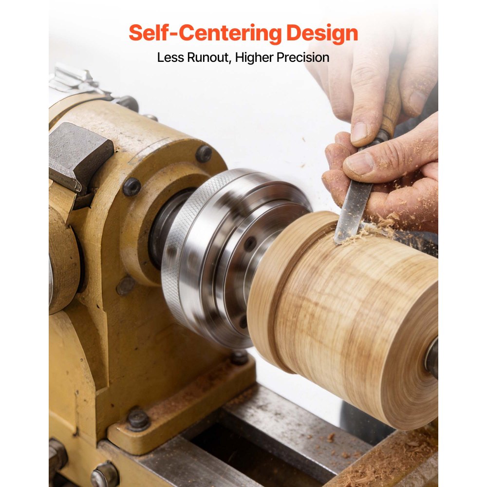 VEVOR 4 Inch Wood Lathe Chuck, 4-Jaw, Self-Centering Wood Turning Chuck Set with 1" x 8TPI Thread & Adapter, Nickel-Plated, High-Hardness Steel, Inside Clamping & Outside Support, for Woodworking