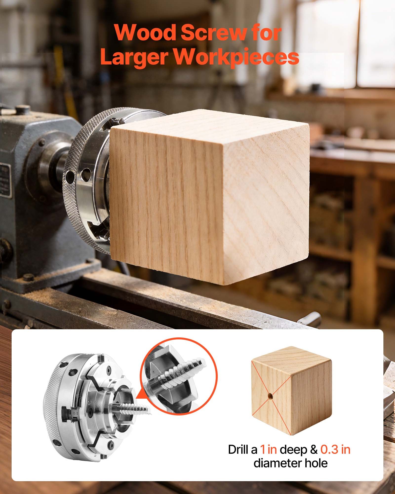 VEVOR 4 Inch Wood Lathe Chuck, 4-Jaw, Self-Centering Wood Turning Chuck Set with 1" x 8TPI Thread & Adapter, Nickel-Plated, High-Hardness Steel, Inside Clamping & Outside Support, for Woodworking