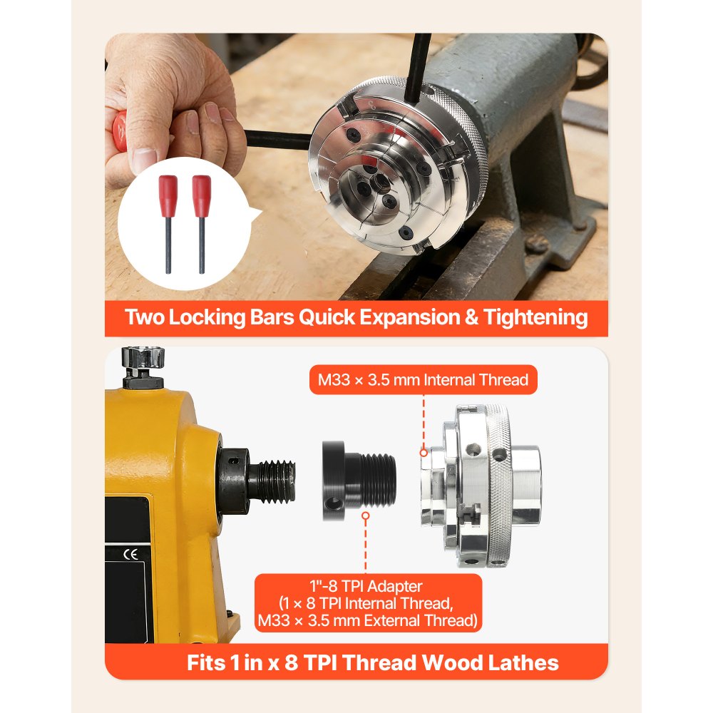 VEVOR 4 Inch Wood Lathe Chuck, 4-Jaw, Self-Centering Wood Turning Chuck Set with 1" x 8TPI Thread & Adapter, 4 PCS Round/Step/Pin Jaws, Case, Nickel-Plated, High-Hardness Steel, for Woodworking Lathe