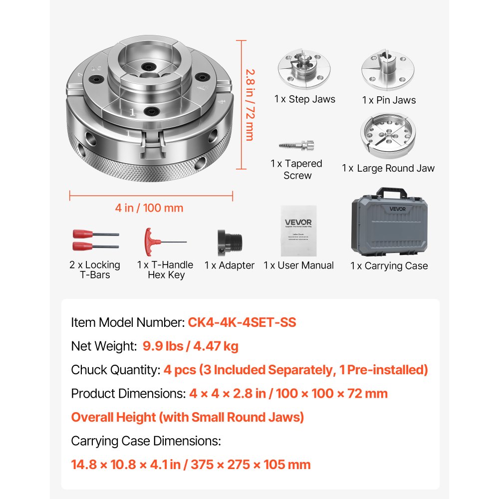 VEVOR 4 Inch Wood Lathe Chuck, 4-Jaw, Self-Centering Wood Turning Chuck Set with 1" x 8TPI Thread & Adapter, 4 PCS Round/Step/Pin Jaws, Case, Nickel-Plated, High-Hardness Steel, for Woodworking Lathe