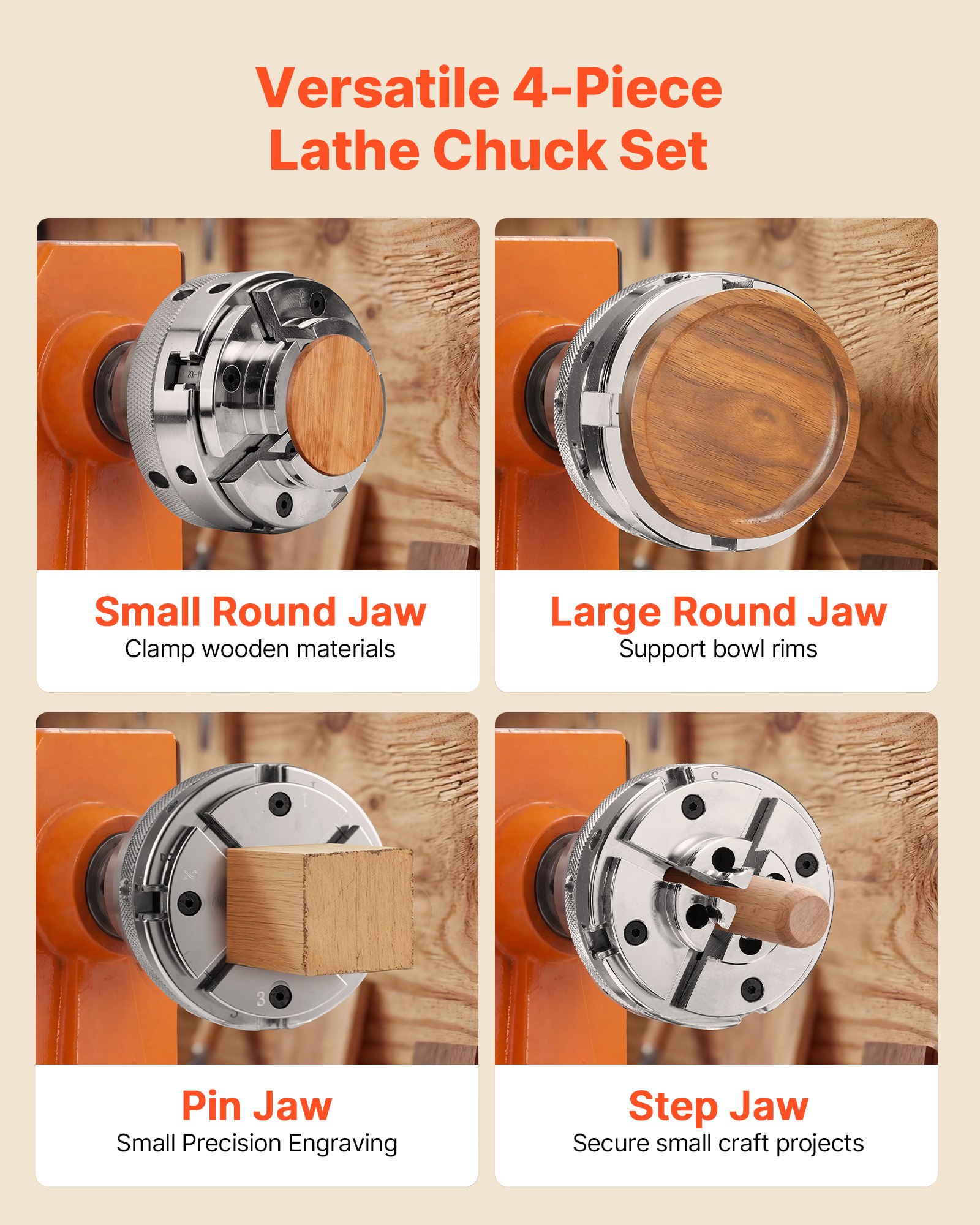 VEVOR 4 Inch Wood Lathe Chuck, 4-Jaw, Self-Centering Wood Turning Chuck Set with 1" x 8TPI Thread & Adapter, 4 PCS Round/Step/Pin Jaws, Case, Nickel-Plated, High-Hardness Steel, for Woodworking Lathe