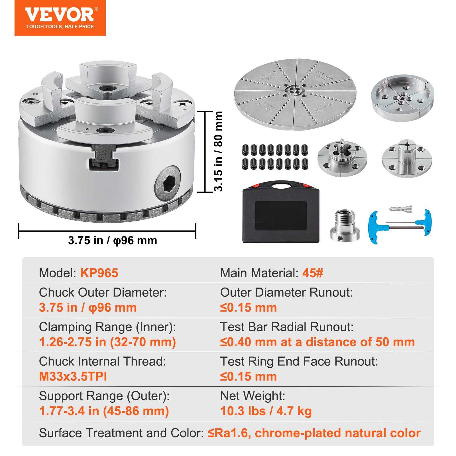 VEVOR Uchwyt tokarski KP965 5 typów szczęk Uchwyt szczękowy φ96 mm wykonany z 45# Zakres mocowania 32-70 mm Gwint wewnętrzny uchwytu M33 x 3,5 TPI Uchwyt tokarski Uchwyt tokarski