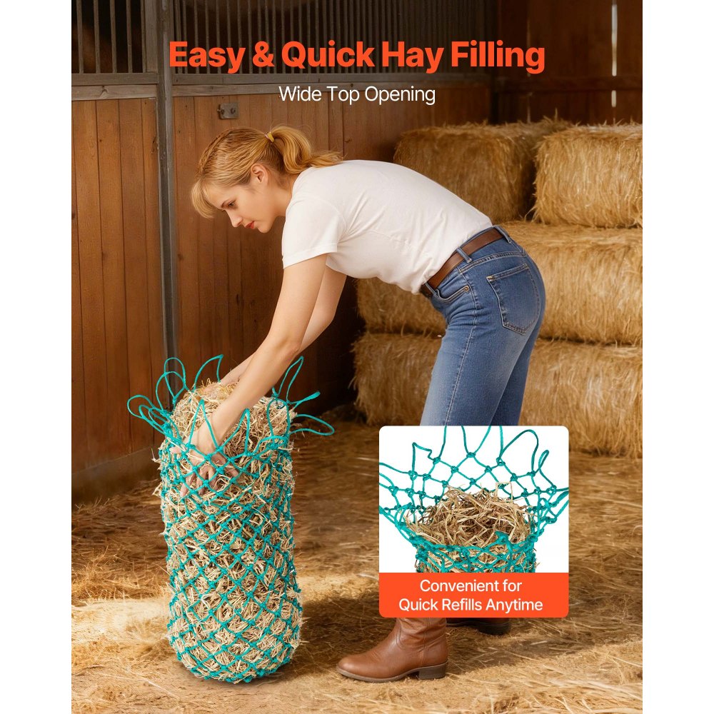 VEVOR Hay Nets for Horses, 4PCS, 0.9 m Extended Length, 38 x 38 mm Holes, PE Material, with Four Carabiner Hooks, Hanging Slow Feed Hay Nets for Horses, Sheep, Cattle, Alpacas, and Livestock