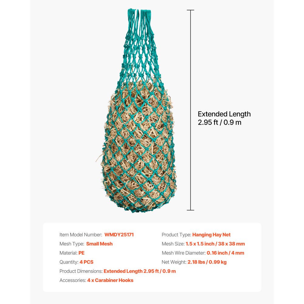 VEVOR Hay Nets for Horses, 4PCS, 0.9 m Extended Length, 38 x 38 mm Holes, PE Material, with Four Carabiner Hooks, Hanging Slow Feed Hay Nets for Horses, Sheep, Cattle, Alpacas, and Livestock