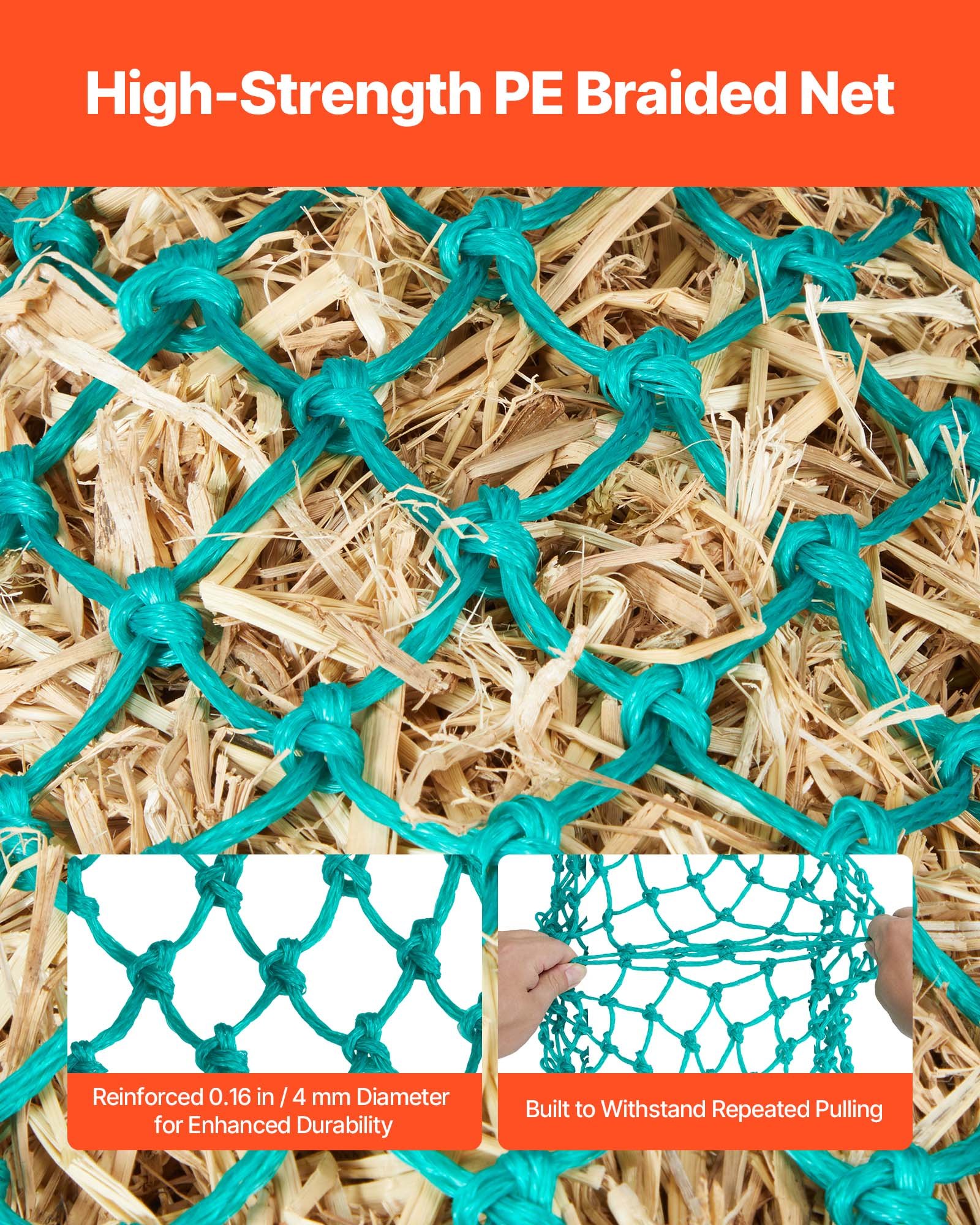 VEVOR Hay Nets for Horses, 4PCS, 0.9 m Extended Length, 38 x 38 mm Holes, PE Material, with Four Carabiner Hooks, Hanging Slow Feed Hay Nets for Horses, Sheep, Cattle, Alpacas, and Livestock
