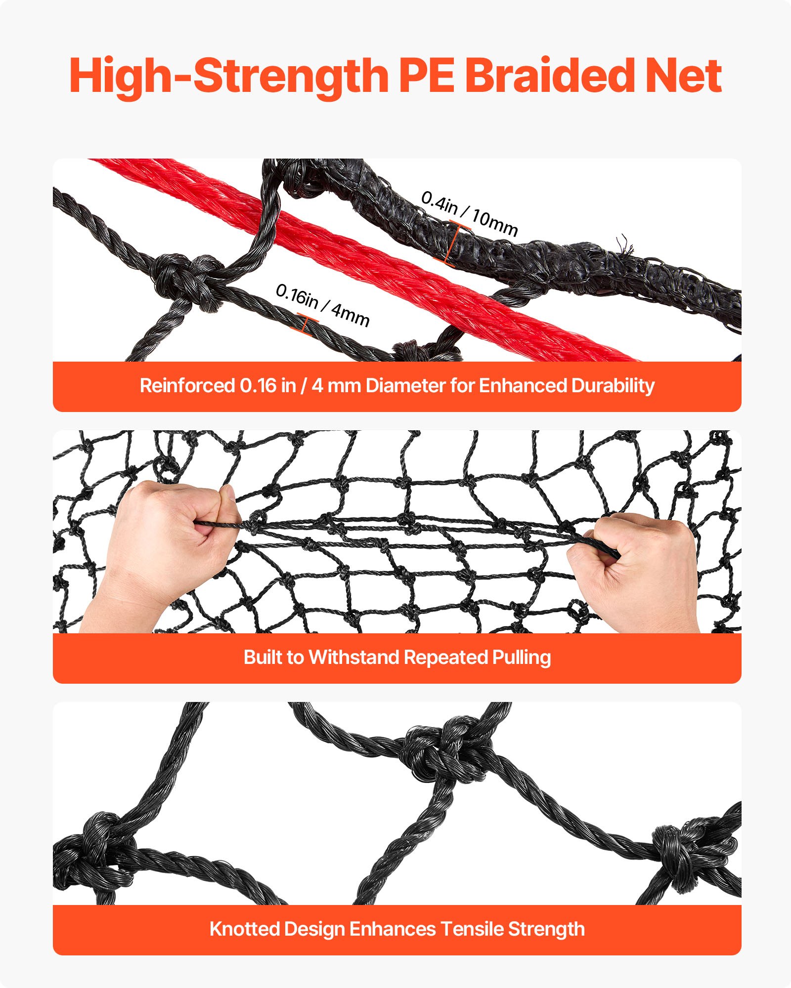 Siatka na siano VEVOR do bel okrągłych, 1,5 x 1,5 x 1,5 m, rozmiar oczek 44,45 x 44,45 mm, materiał polietylenowy, wzmocniona konstrukcja węzłowa, z opaskami kablowymi, igłą wahadłową i nicią naprawczą, siatka paszowa dla koni