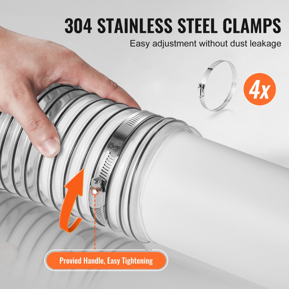 Wąż do odpylania VEVOR, 4 cale x 50 stóp, pogrubiony materiał PVC, odporny na przebicie, elastyczny, przezroczysty wąż ze szpulą z drutu ze stali węglowej, 4 zaciski ze stali nierdzewnej 304, do pił stołowych, pił taśmowych, strugarek, strugarek