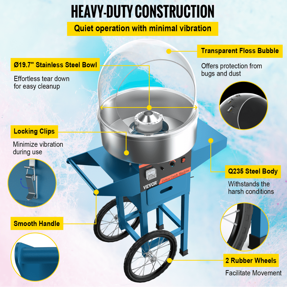 Elektryczna maszyna do waty cukrowej, profesjonalna maszyna do waty cukrowej z wózkiem i kapturkiem do użytku domowego