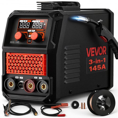 Spawarka MIG VEVOR 145A 3 w 1, spawanie metodą Lift-TIG/bezgazowe drutem rdzeniowym/MMA, przenośna spawarka do warsztatu, garażu i majsterkowania, inwerter IGBT, sterowanie synergiczne, wyświetlacz cyfrowy, zabezpieczenie przeciążeniowe