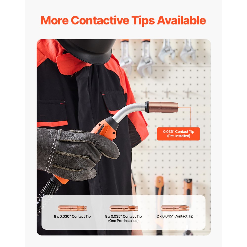 Uchwyt spawalniczy MIG VEVOR 250A z kablem 4,6 m, kompatybilny ze spawarkami Millermatic 200, 210, 212, 250, 250X, 251, 252, odpowiedni do drutów spawalniczych o średnicy 0,0762/0,0889/0,1143 cm