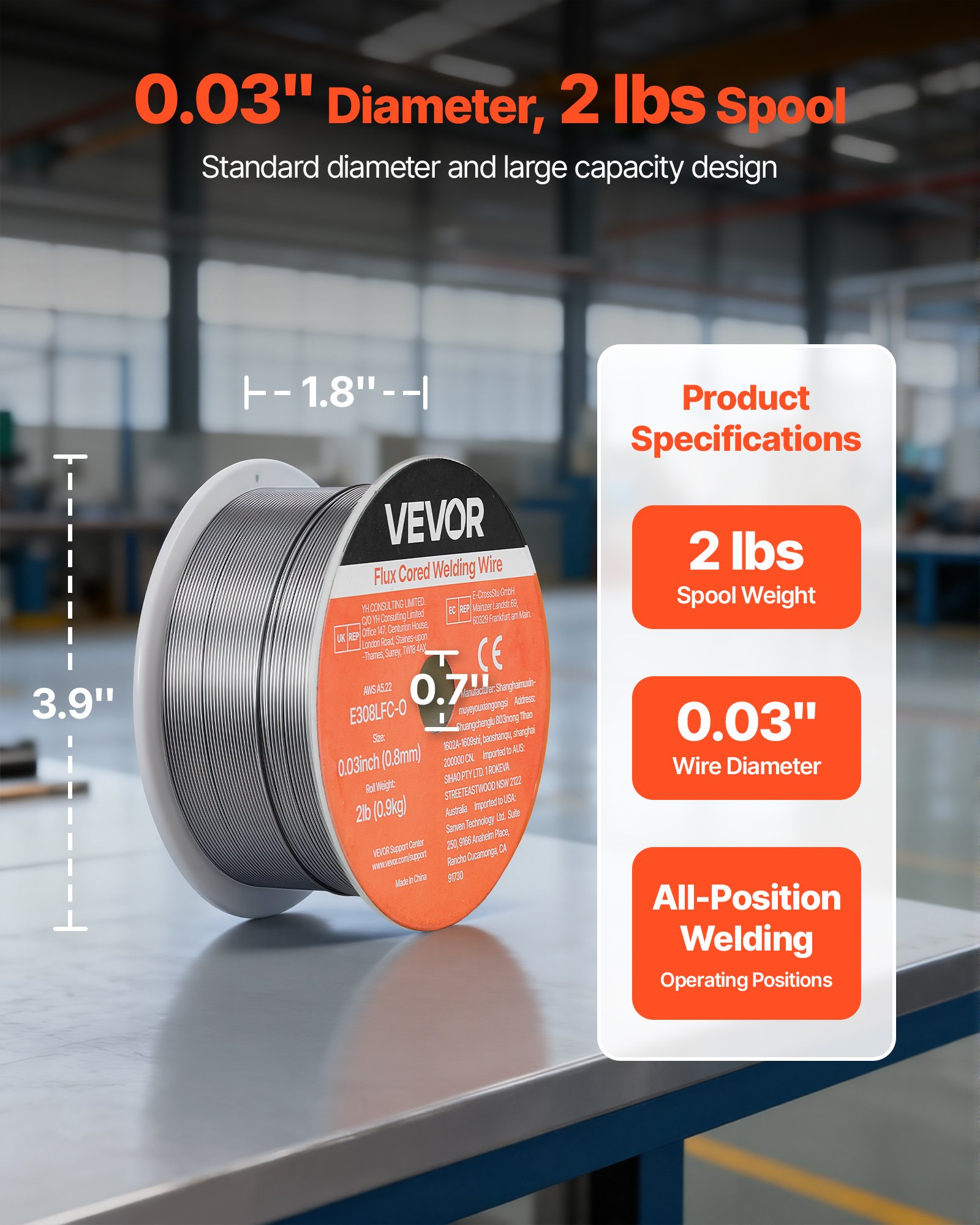 VEVOR Flux Core MIG Welding Wire, E308LFC-O 0.8mm 0.9kg, Gasless Stainless Steel Welding Wire with Low Spatter for All Position Arc Welding, Self-Shielded for Outdoor Use