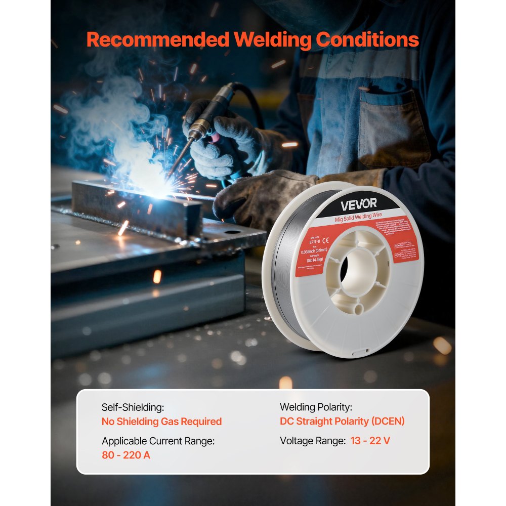 VEVOR Flux Core MIG Welding Wire, E71T-11 0.9mm 4.5kg, Gasless Mild Steel Welding Wire with Low Spatter for All Position Arc Welding, Self-Shielded for Outdoor Use