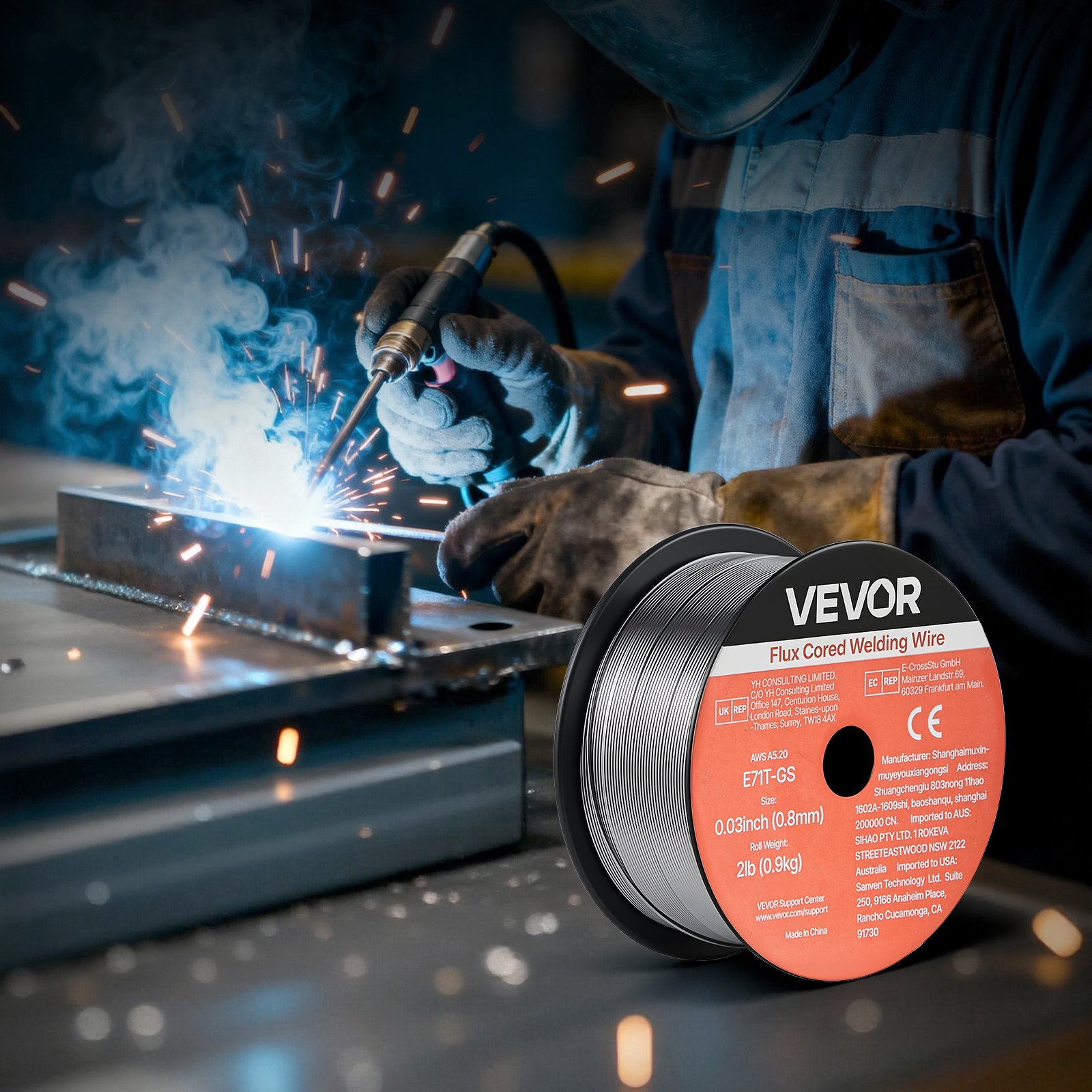 VEVOR Flux Core MIG Welding Wire, E71T-11 0.9mm 0.45kg, Gasless Mild Steel Welding Wire with Low Spatter for All Position Arc Welding, Self-Shielded for Outdoor Use (Pack of 3 Rolls)