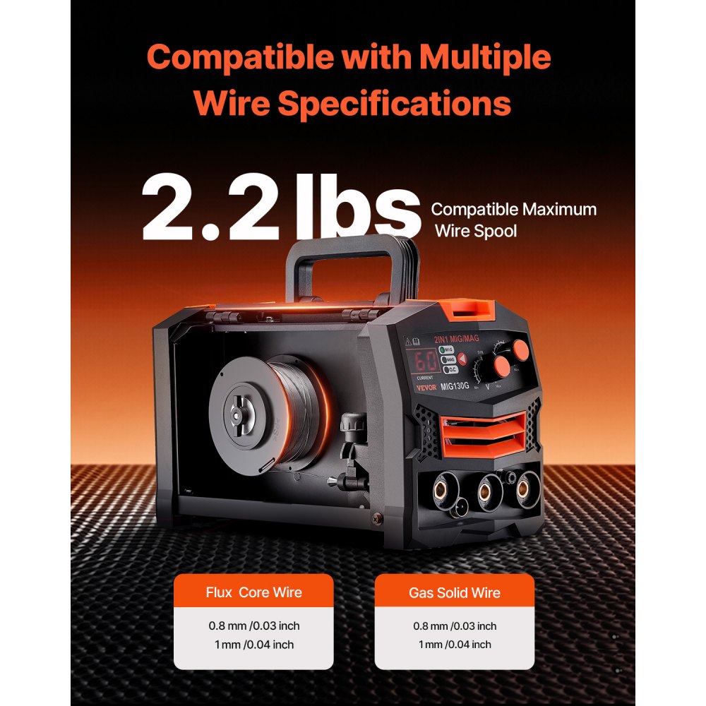 Spawarka VEVOR MIG, synergiczna spawarka MIG 130 A, 2 w 1, spawarka MIG z drutem rdzeniowym topnikowym i technologią inwertorową IGBT, spawarka MIG z technologią inwertorową IGBT i wyświetlaczem cyfrowym