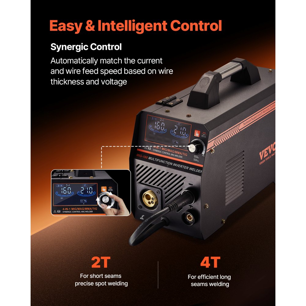 Spawarka VEVOR MIG, spawarka 160 A, synergiczna spawarka MIG, 4 w 1, spawarka wieloprocesowa TIG z technologią inwertorową IGBT i wyświetlaczem LCD