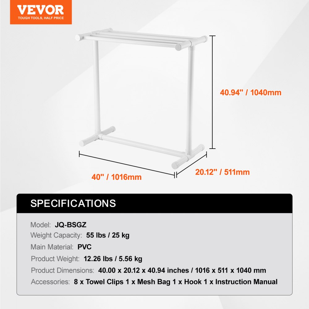 VEVOR Stojak na ręczniki z 5 drążkami, wolnostojący, do basenu spa, 102 x 46 x 102 cm, biały, udźwig 25 kg, stojak na ręczniki z PVC z 8 klipsami i 1 haczykiem