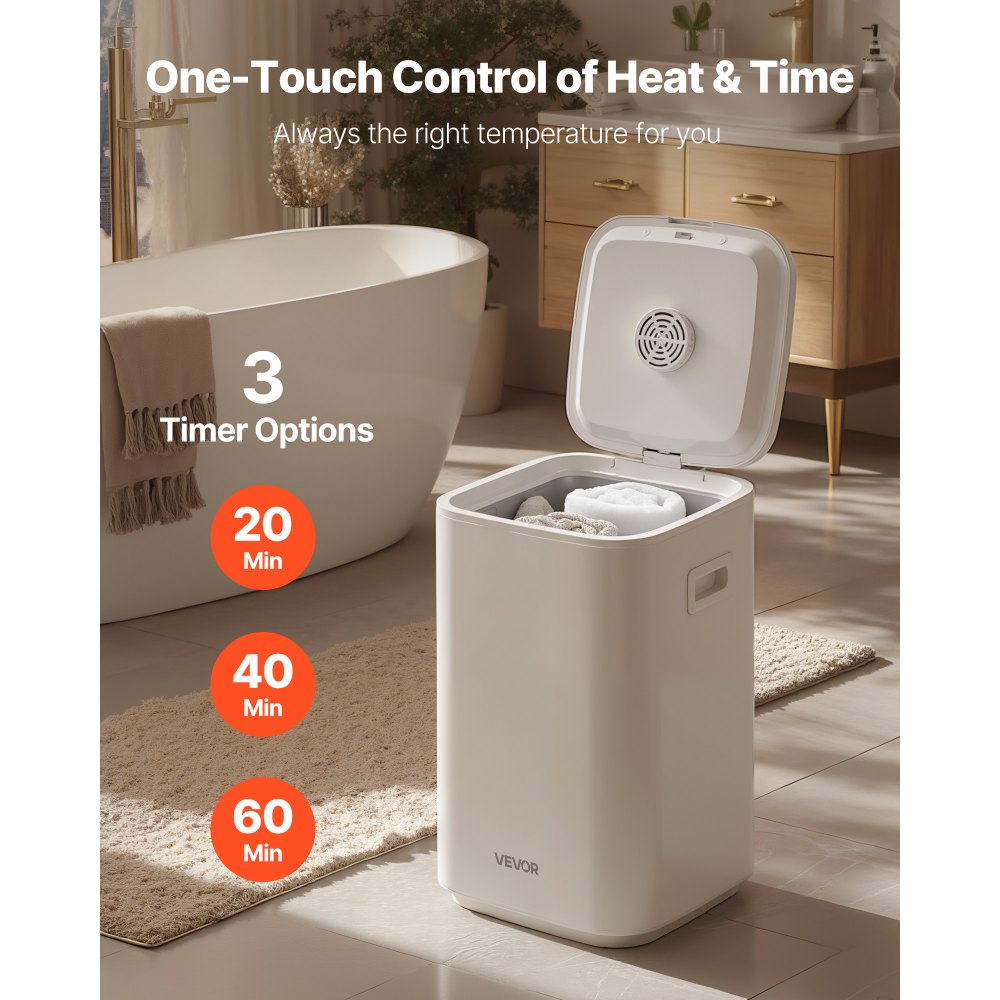 VEVOR Podgrzewacz ręczników 20 l z wyświetlaczem LED i ustawieniami (timer i temperatura), blokadą bezpieczeństwa i 4 wieszakami, podgrzewacz ręczników do spa, domu, łazienki, pralni, biały
