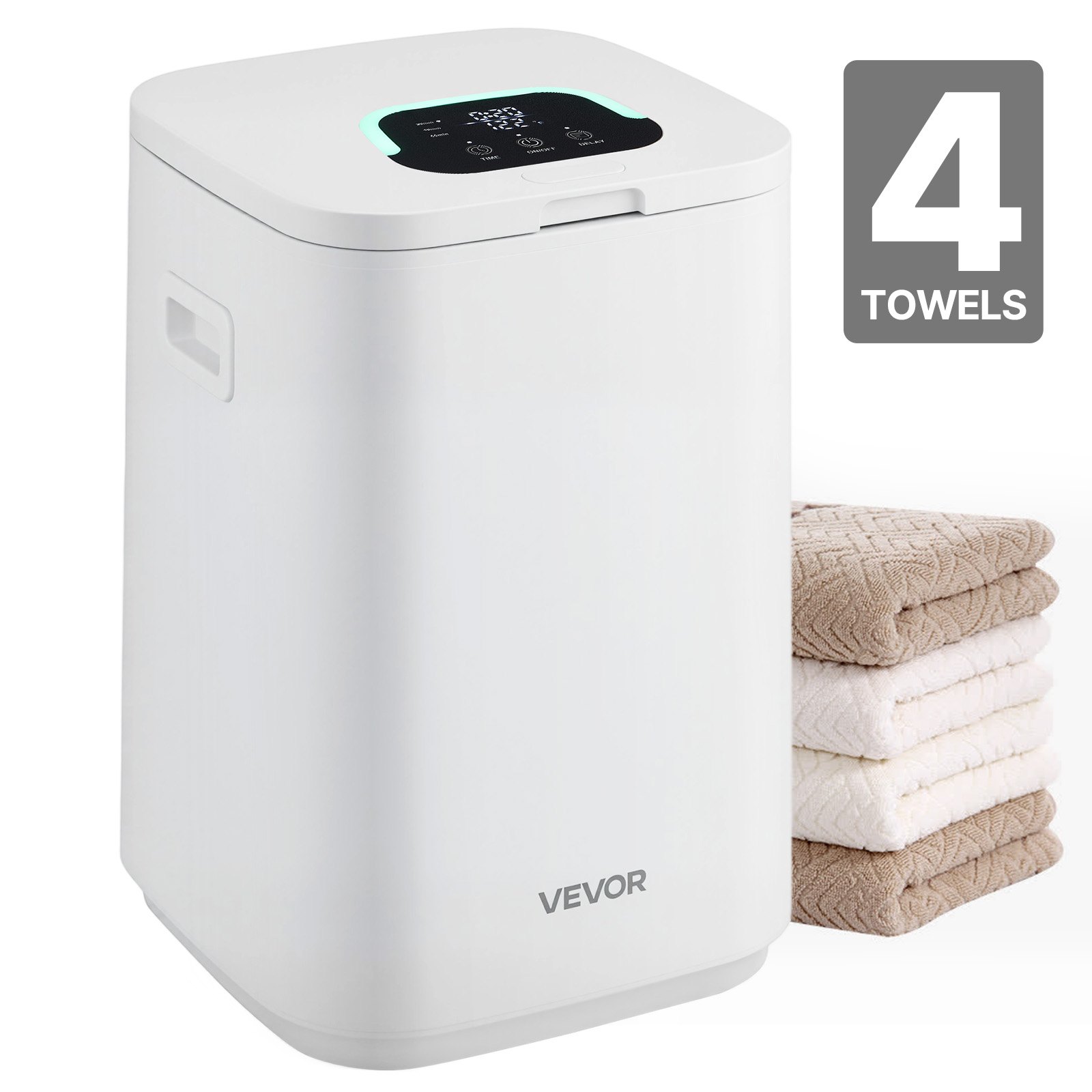 VEVOR Podgrzewacz ręczników 20 l z wyświetlaczem LED i ustawieniami (timer i temperatura), blokadą bezpieczeństwa i 4 wieszakami, podgrzewacz ręczników do spa, domu, łazienki, pralni, biały