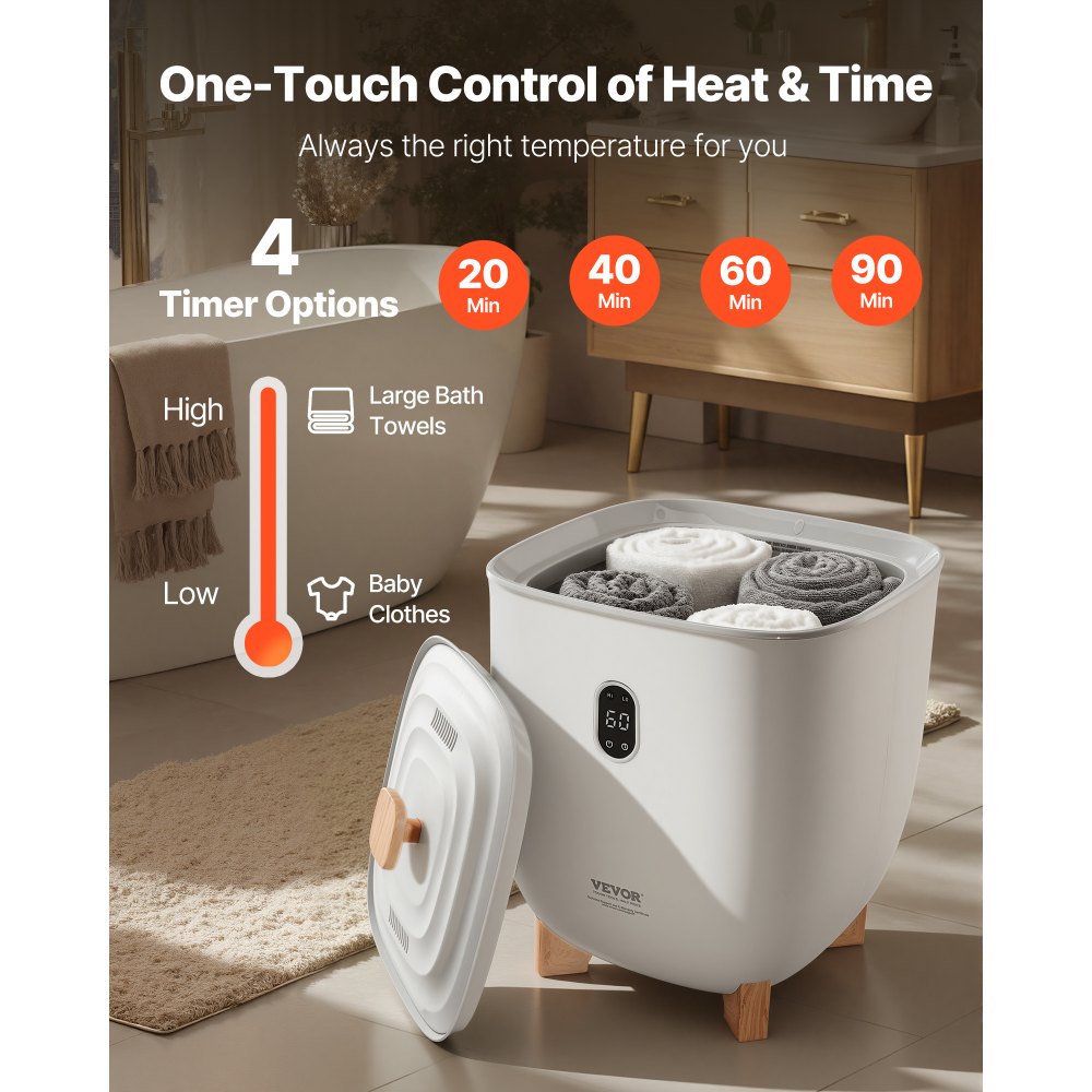 VEVOR Podgrzewacz ręczników 25 l z wyświetlaczem LED i ustawieniami (timer i temperatura) oraz automatycznym wyłączaniem, podgrzewacz ręczników do łazienki i pralni, do podgrzewania ręczników