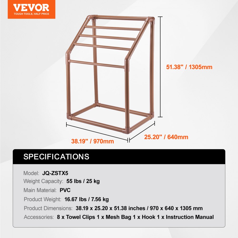VEVOR Stojak na ręczniki z 5 drążkami, wolnostojący, do basenu spa, 94 x 60 x 127 cm, brązowy, udźwig 25 kg, stojak na ręczniki z PVC z 8 klipsami i 1 haczykiem