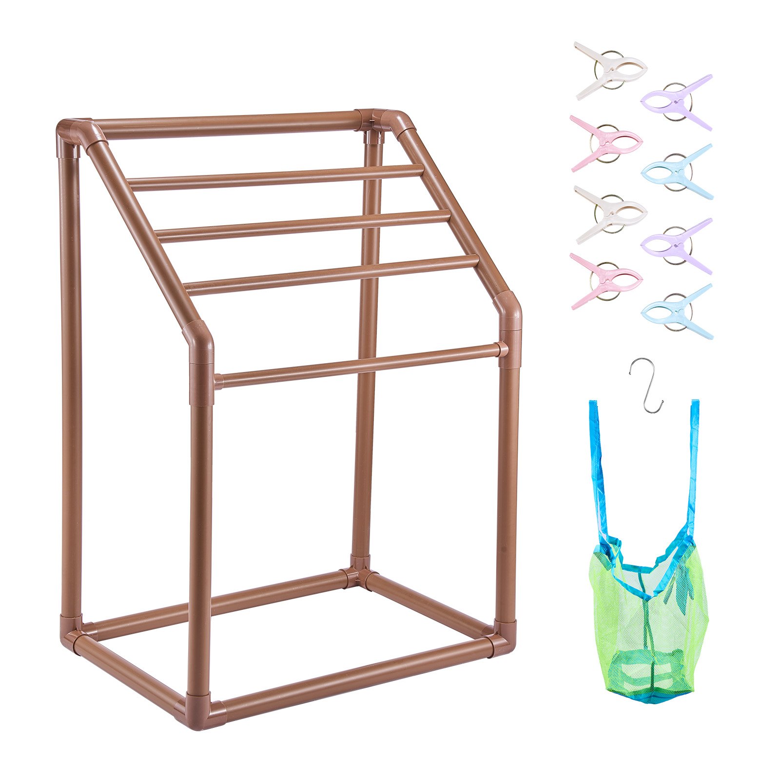 VEVOR Stojak na ręczniki z 5 drążkami, wolnostojący, do basenu spa, 94 x 60 x 127 cm, brązowy, udźwig 25 kg, stojak na ręczniki z PVC z 8 klipsami i 1 haczykiem