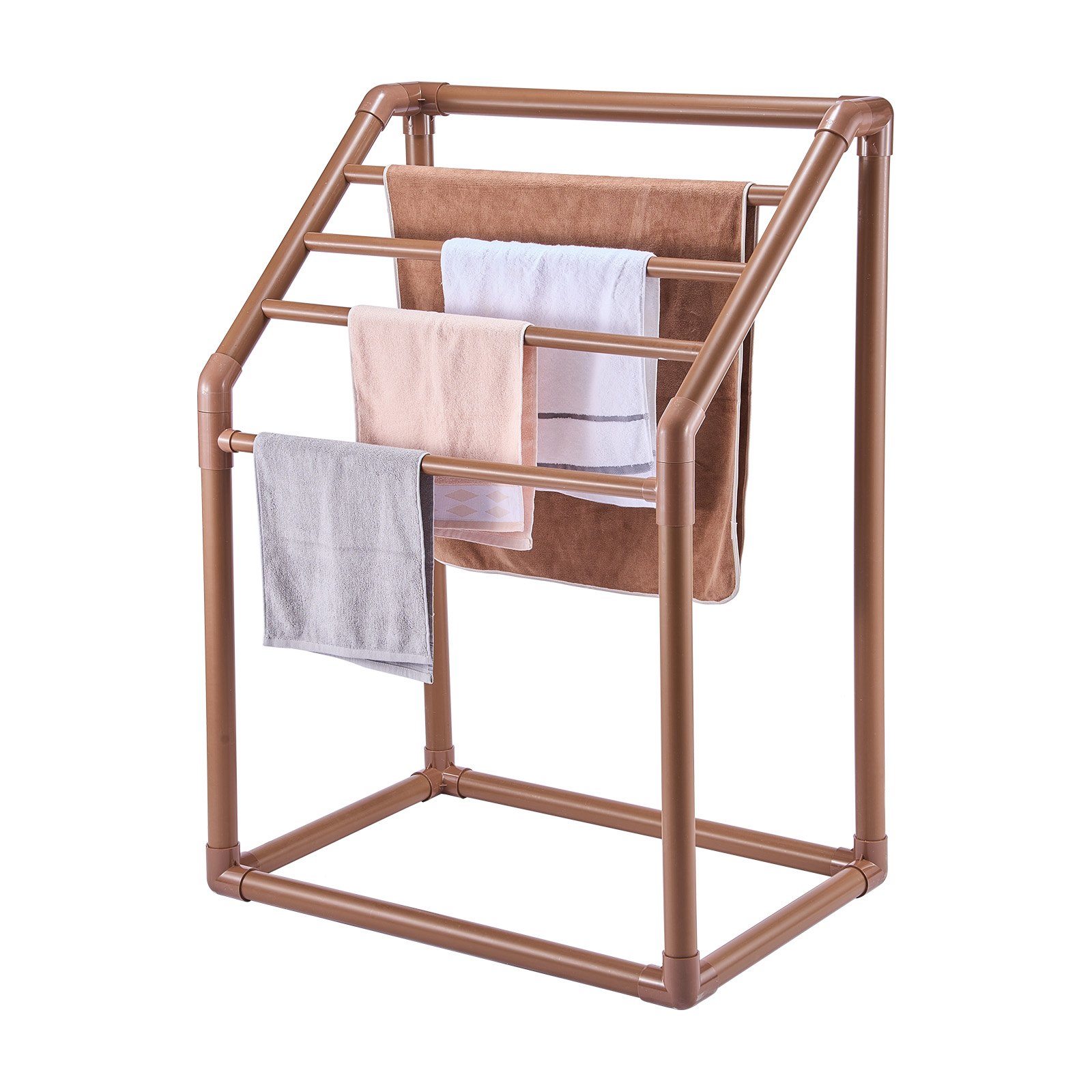 VEVOR Stojak na ręczniki z 5 drążkami, wolnostojący, do basenu spa, 94 x 60 x 127 cm, brązowy, udźwig 25 kg, stojak na ręczniki z PVC z 8 klipsami i 1 haczykiem