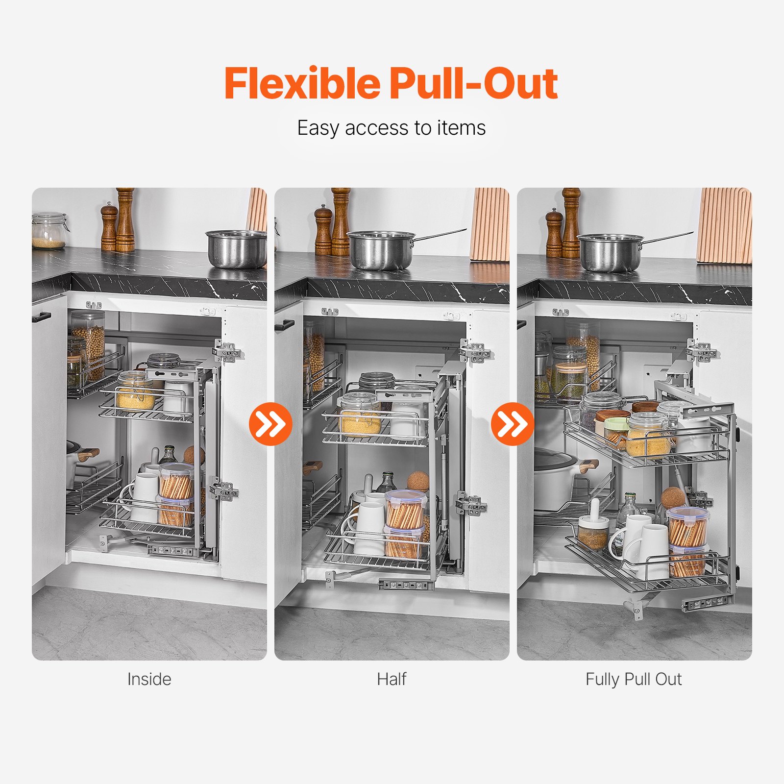 VEVOR Organizer do szafki kuchennej z 2 poziomami i 4 półkami, chromowany kosz do przechowywania ze stali węglowej, organizer do przechowywania, otwieranie na lewą i prawą stronę, min. szerokość otworu drzwiowego 60 cm