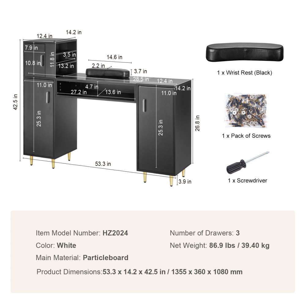 Stół do manicure VEVOR 1355x360x1080mm, biurko do makijażu i pielęgnacji paznokci, z szafkami do przechowywania, stół do manicure odporny na aceton, do salonu spa i urody, z podpórką pod nadgarstki