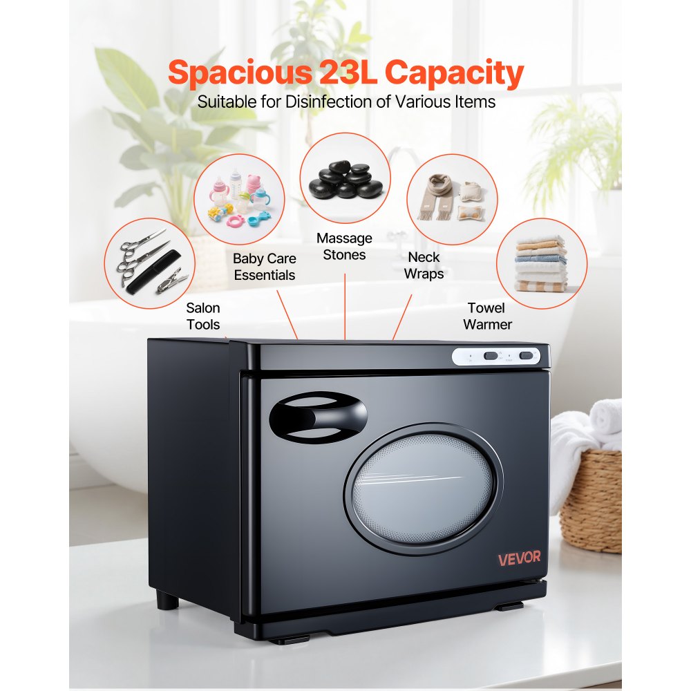 Podgrzewacz ręczników VEVOR, pojemność 23 l, na 36 ręczników, z klipsem, rama ze stali nierdzewnej i przezroczyste okienko, podgrzewacz ręczników do spa, fryzjera, salonu masażu, funkcja podgrzewania parą i lampka czyszcząca