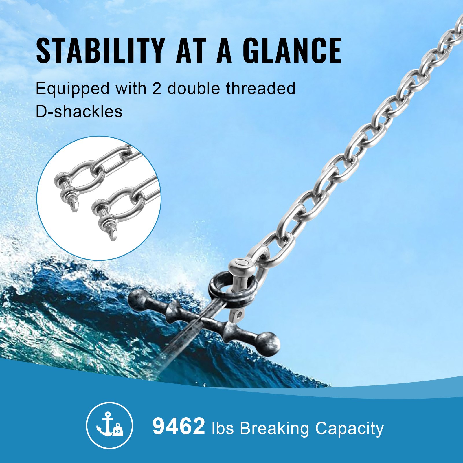 Łańcuch kotwiczny VEVOR, 6,1 m x 7,9 mm, łańcuch ze stali nierdzewnej 316, szekla łańcucha kotwicznego 9,5 mm, obciążenie zrywające łańcucha prowadzącego kotwicy 3230 kg, obciążenie zrywające szekli łańcucha kotwicznego 4291 kg, łańcuch kotwiczny do małych łodzi