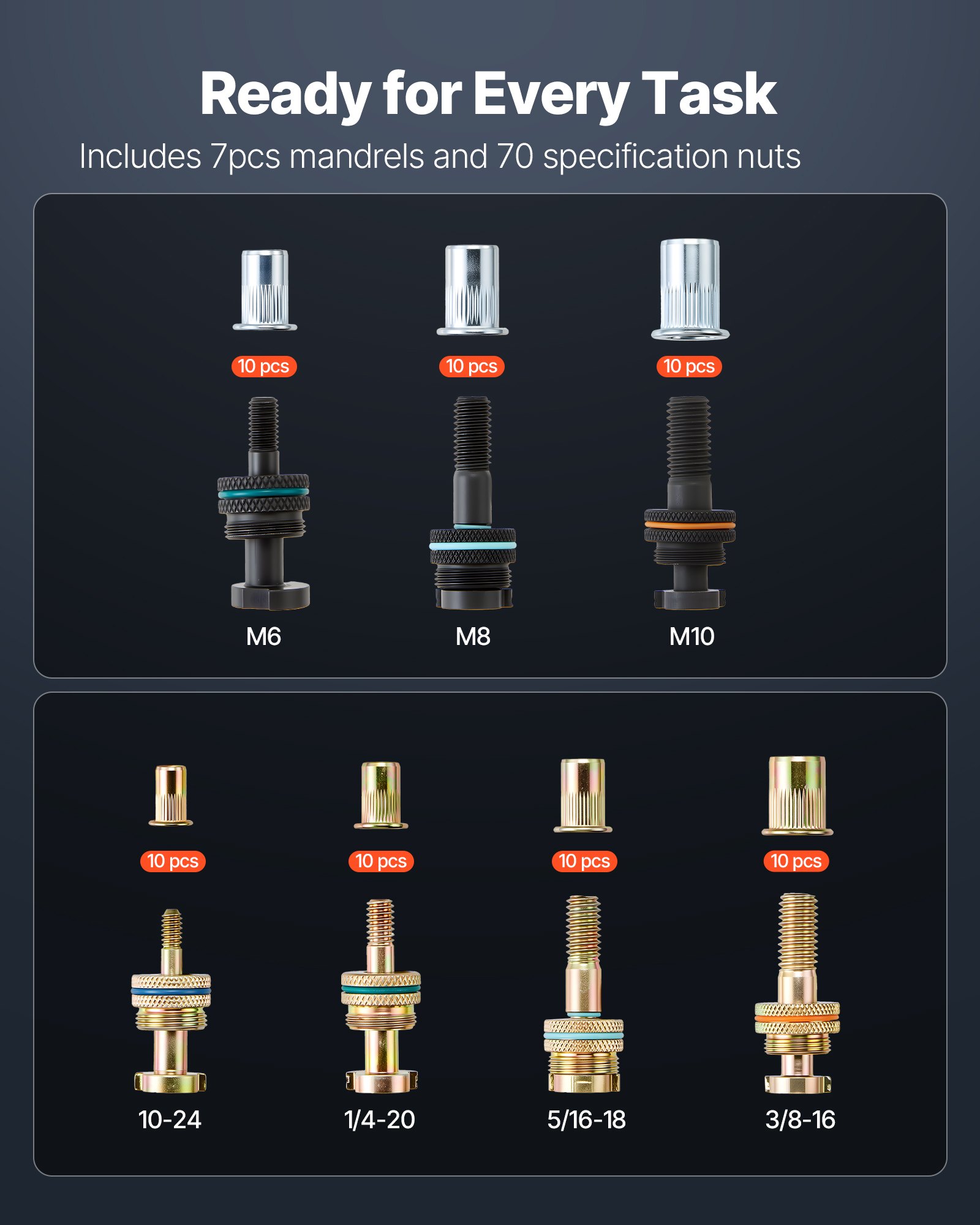 Zestaw narzędzi do nitonakrętek VEVOR 34 cm, dwuręczny nitownik z 7 trzpieniami i 70 nakrętkami w rozmiarach metrycznych i SAE (M6, M8, M10, 10-24, 1/4-20, 5/16-18, 3/8-16 UNC) w zestawie z walizką, do użytku domowego i samochodowego
