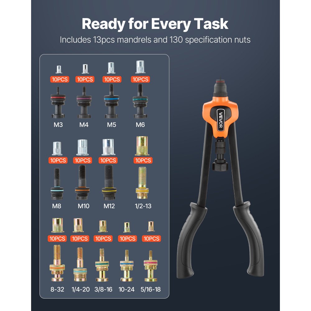 VEVOR Rivet Nut Tool Kit, 420 mm Rivnut Tool Kit, with 13 Mandrels and 130 Nuts, Metric and SAE Size M3, M4, M5, M6, M8, M10, M12, 1/2-13, 8-32, 10-24, 1/4-20, 5/16-18, 3/8-16 UNC, a Carrying Case