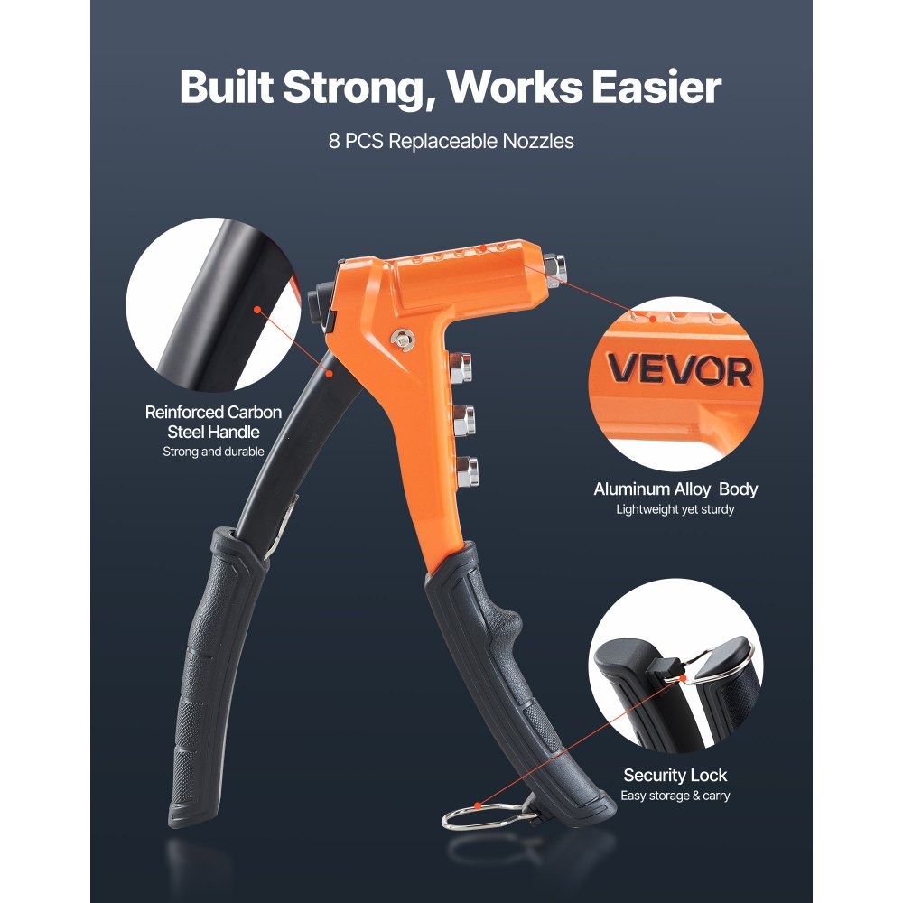 VEVOR Rivet Nut Tool Kit, 230 mm One-Handed Rivnut Tool Kit, with 8 Mandrels, a Step Drill Bit and 80 Nuts, Metric and SAE Size M3, M4, M5, M6, 6-32, 8-32, 10-24, 1/4-20 UNC, with a Carrying Case