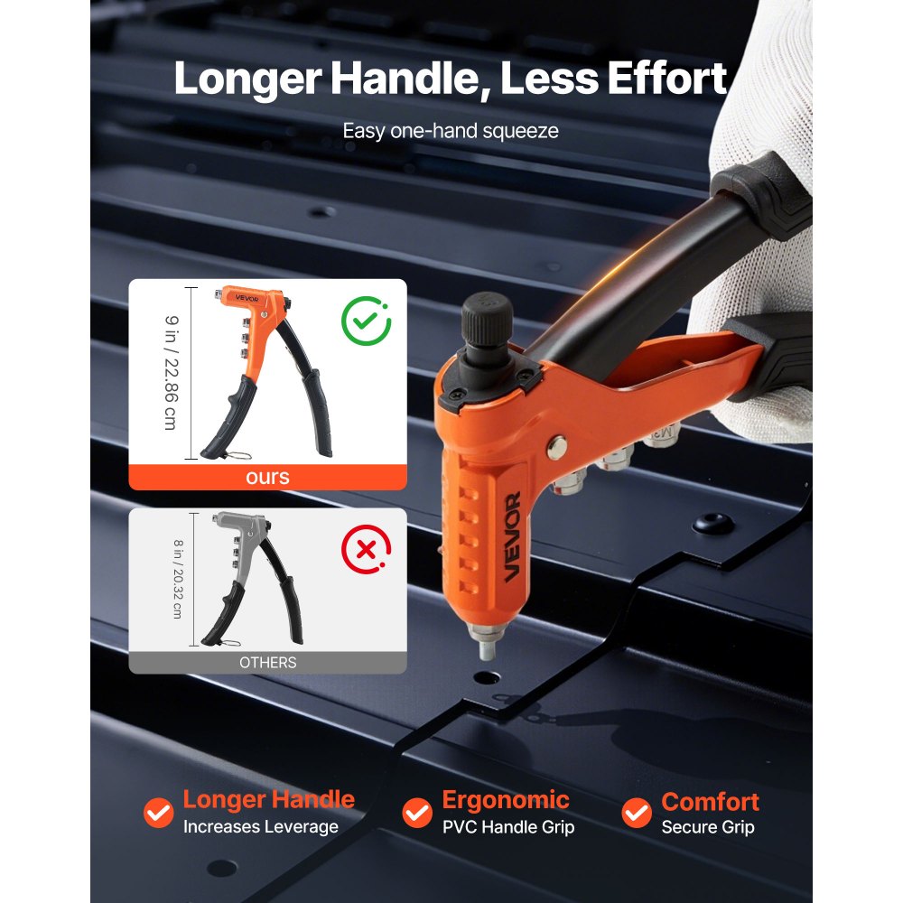 VEVOR Rivet Nut Tool Kit, 230 mm One-Handed Rivnut Tool Kit, with 8 Mandrels, a Step Drill Bit and 80 Nuts, Metric and SAE Size M3, M4, M5, M6, 6-32, 8-32, 10-24, 1/4-20 UNC, with a Carrying Case