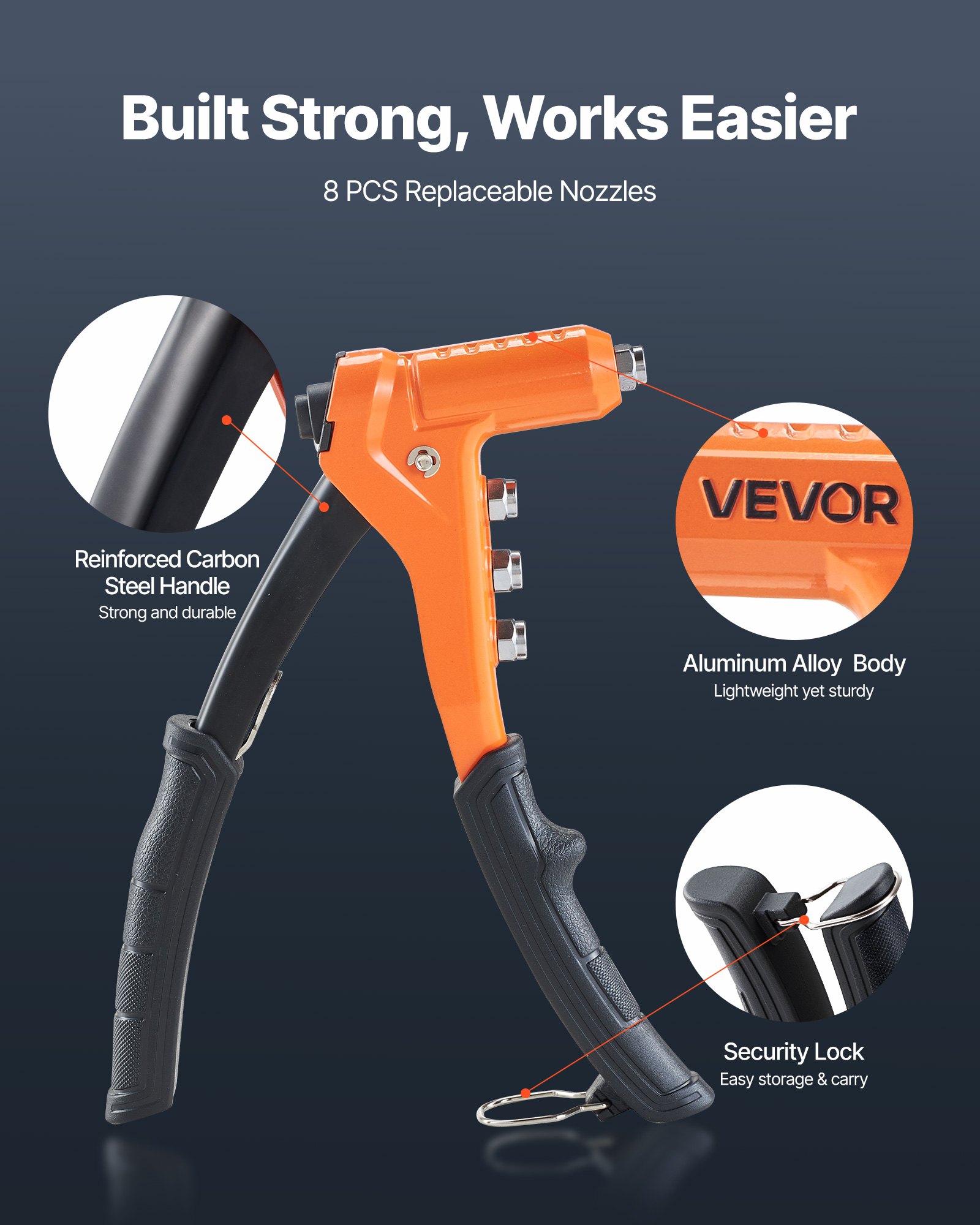 VEVOR Rivet Nut Tool Kit, 230 mm One-Handed Rivnut Tool Kit, with 8 Mandrels, a Step Drill Bit and 80 Nuts, Metric and SAE Size M3, M4, M5, M6, 6-32, 8-32, 10-24, 1/4-20 UNC, with a Carrying Case