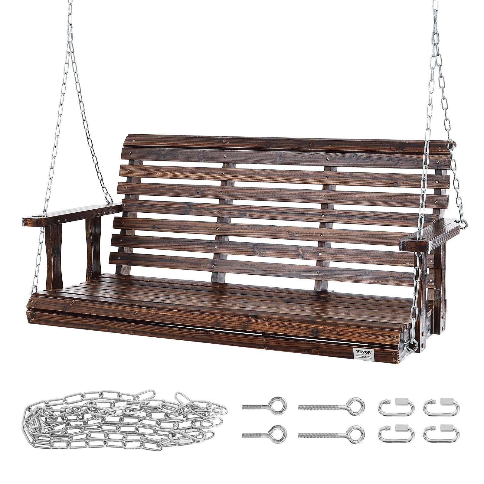 Huśtawka ogrodowa VEVOR z drewna cedrowego, 1370x710x600 mm, huśtawka tarasowa do ogrodu i na podwórko, zwiększona nośność 400 kg, solidna ławka bujana z łańcuchami do użytku na zewnątrz, brązowa