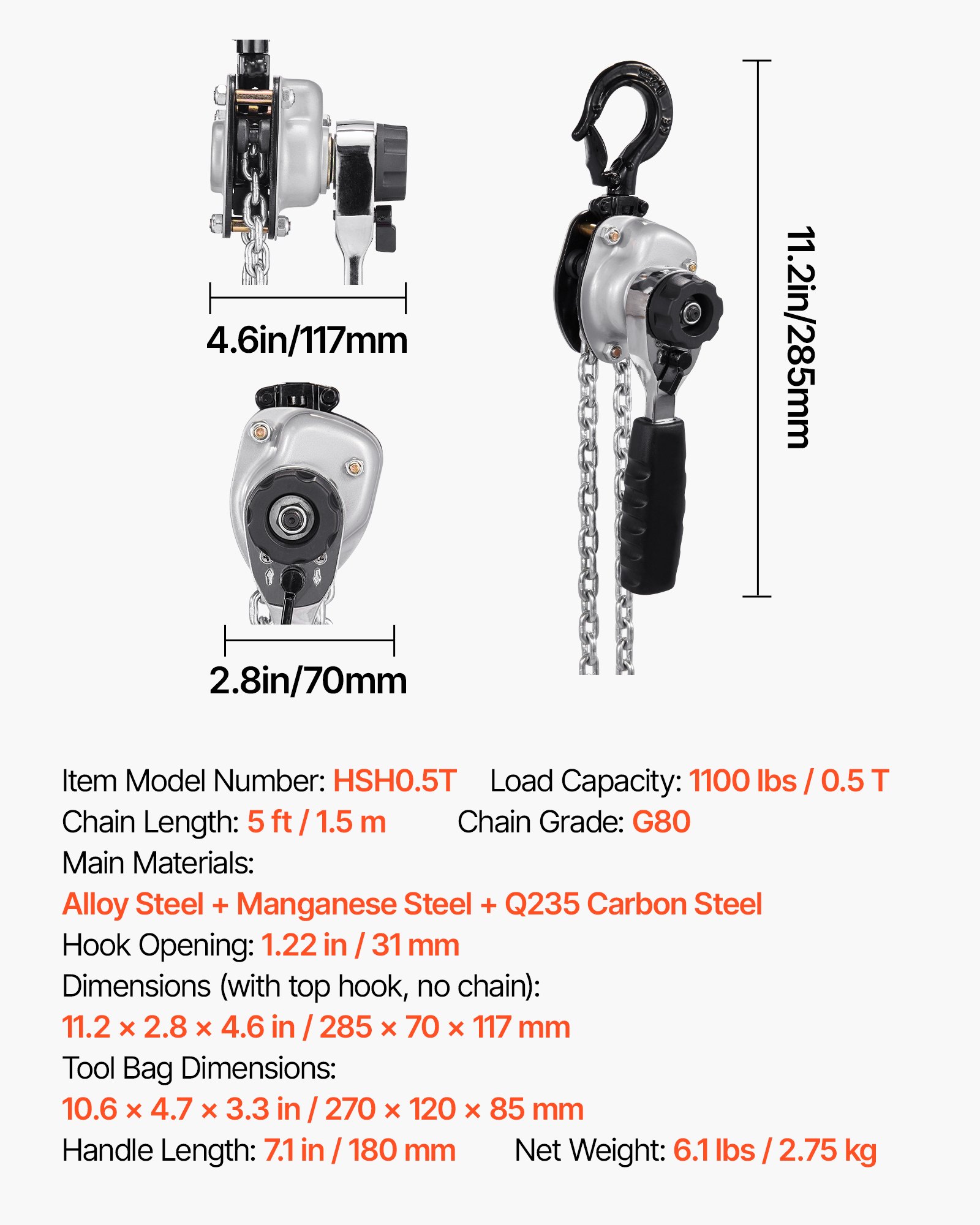 Wciągnik łańcuchowy VEVOR Mini, udźwig 1/2 t, ręczny, udźwig 1,5 m, łańcuch ze stali stopowej G80 z podwójnym mechanicznym hamulcem zapadkowym, wciągnik łańcuchowy z hakami obrotowymi 360°, do magazynów, budynków, garaży