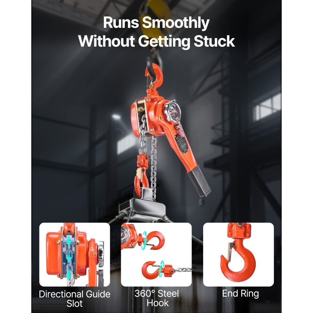 VEVOR Manual Lever Chain Hoist, 3/4T 750KG Capacity Heavy Duty Come Along, 3M Lift G80 Alloy Steel Chain With Dual Pawl Mechanical Brake, 360° Rotating Hooks, for Warehouse Construction Garage