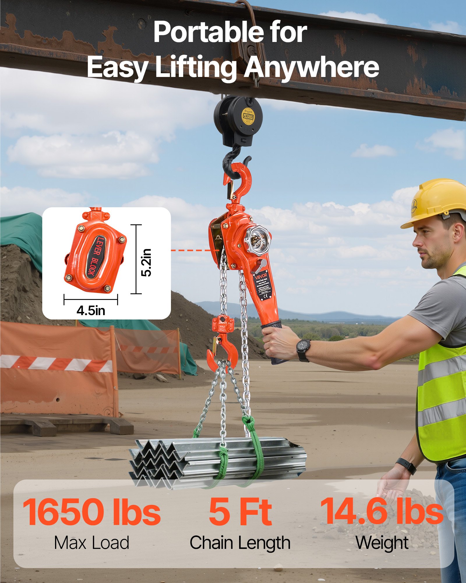 Wciągnik dźwigniowy VEVOR, udźwig 3/4 ton, ręczny wciągnik łańcuchowy, udźwig 1,5 m, łańcuch ze stali stopowej G80 z mechanicznym hamulcem z podwójną zapadką, wciągnik zapadkowy z hakami obrotowymi 360°, do magazynu, placu budowy i garażu