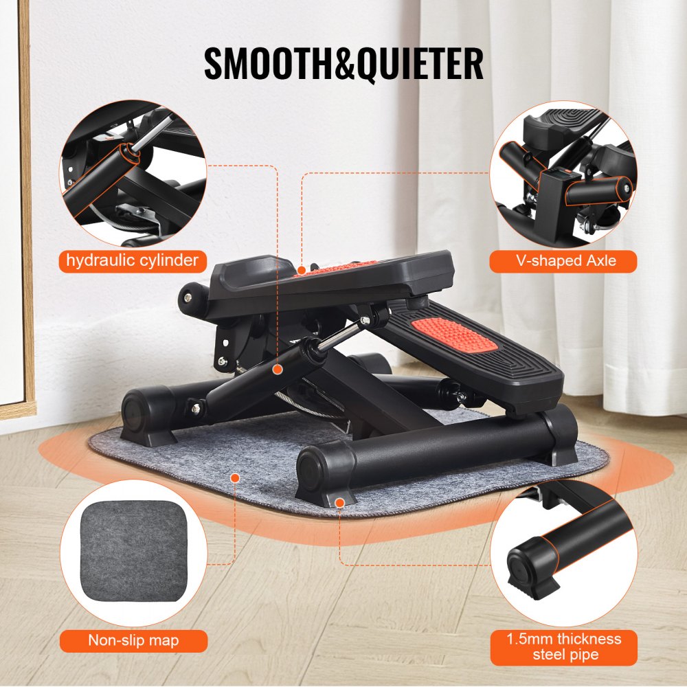 VEVOR Mini Stepper Treningowy, Hydrauliczny Steper Fitness Twist z Taśmami Oporowymi, Maszyna do Ćwiczeń Całego Ciała, Schodołaz z Monitorem LCD, Nośność 150 kg, Czarny