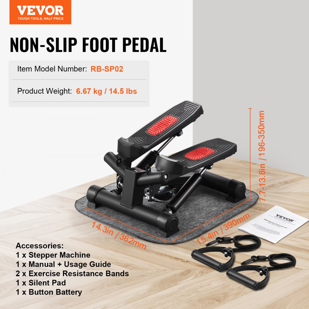 VEVOR Mini Stepper Treningowy, Hydrauliczny Steper Fitness Twist z Taśmami Oporowymi, Maszyna do Ćwiczeń Całego Ciała, Schodołaz z Monitorem LCD, Nośność 150 kg, Czarny