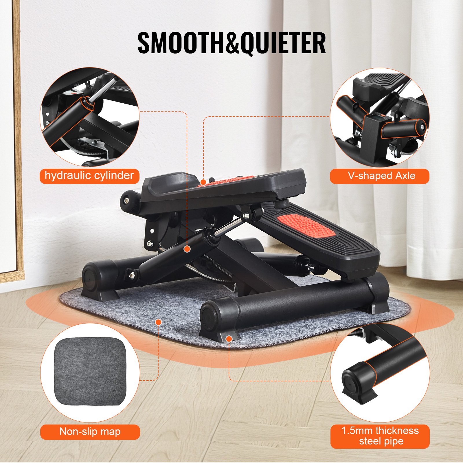 VEVOR Mini Stepper Treningowy, Hydrauliczny Steper Fitness Twist z Taśmami Oporowymi, Maszyna do Ćwiczeń Całego Ciała, Schodołaz z Monitorem LCD, Nośność 150 kg, Czarny