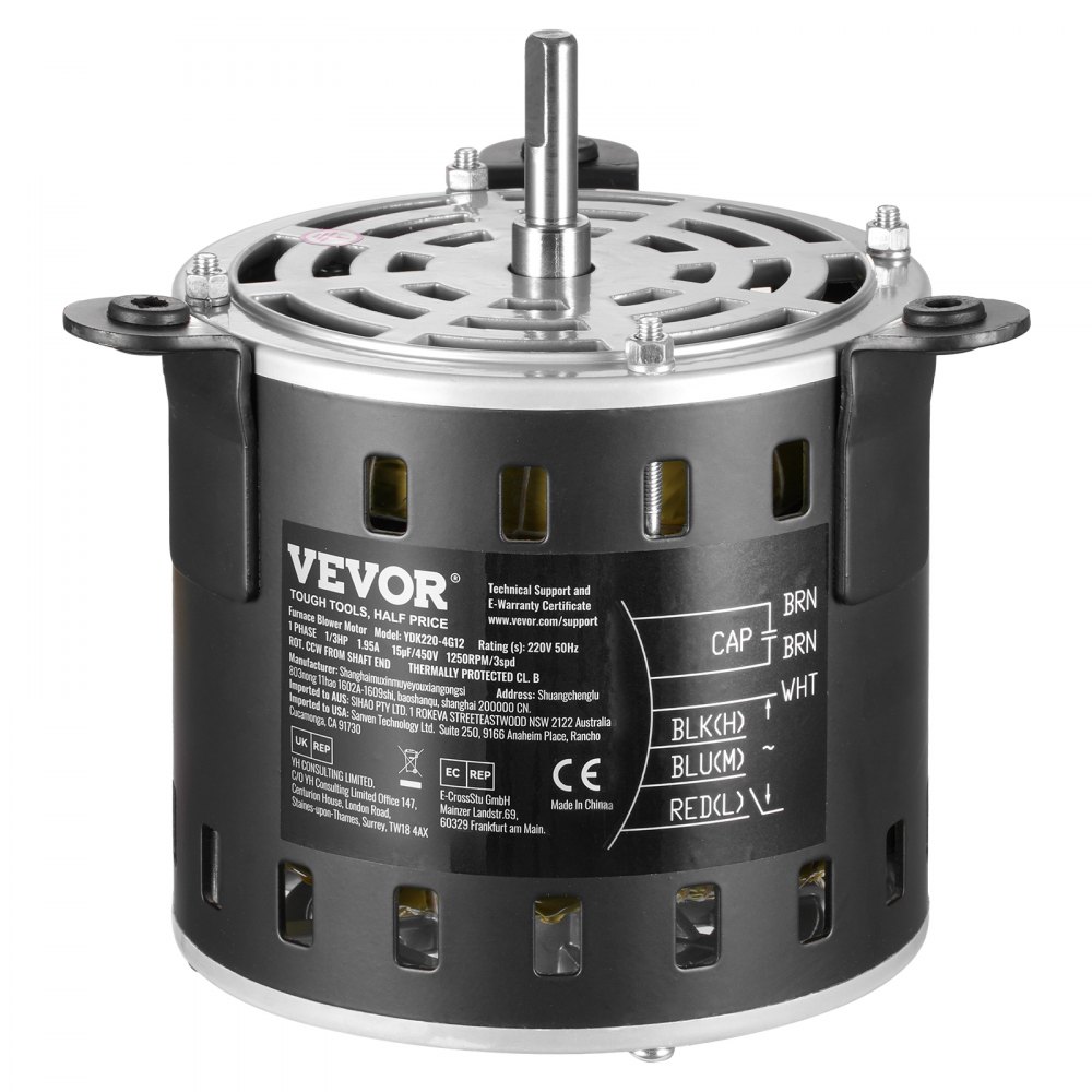 Silnik dmuchawy VEVOR o mocy 1/3 KM, 220 V, 1,95 A, 1250 obr./min, 3 prędkości (750/950/1250 obr./min), średnica wału 10 mm, długość wału 20 mm, kolor czerwony. Kierunek obrotów w lewo od końca wału, w zestawie kondensator CBB60 15 μF / 450 V