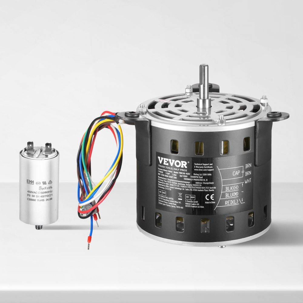 Silnik dmuchawy VEVOR o mocy 1/5 KM, 220 V, 1,45 A, 3 prędkości (700/900/1100 obr./min), średnica wału 10 mm, długość wału 20 mm, kolor czerwony. Kierunek przeciwny do kierunku ruchu wskazówek zegara od końca wału, zawiera kondensator CBB60 8 μF / 450 V