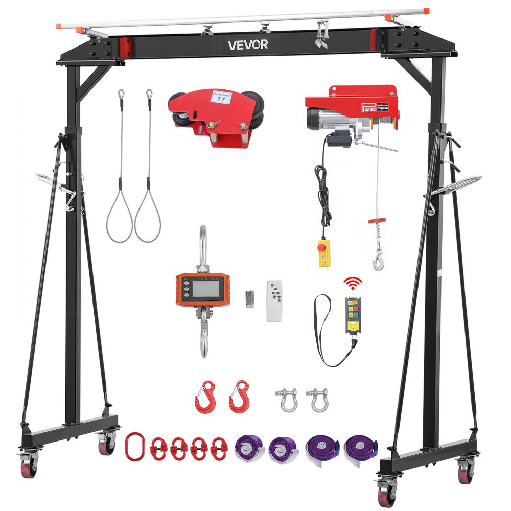 VEVOR Adjustable Gantry Crane, 997.9 kg Capacity, Portable Shop Lift Hoist with 243-363 cm Height Adjustable, Manual Trolley, Electrical Hoist, Sling, Shackles, Hook, for Factory Warehouse Auto Repair