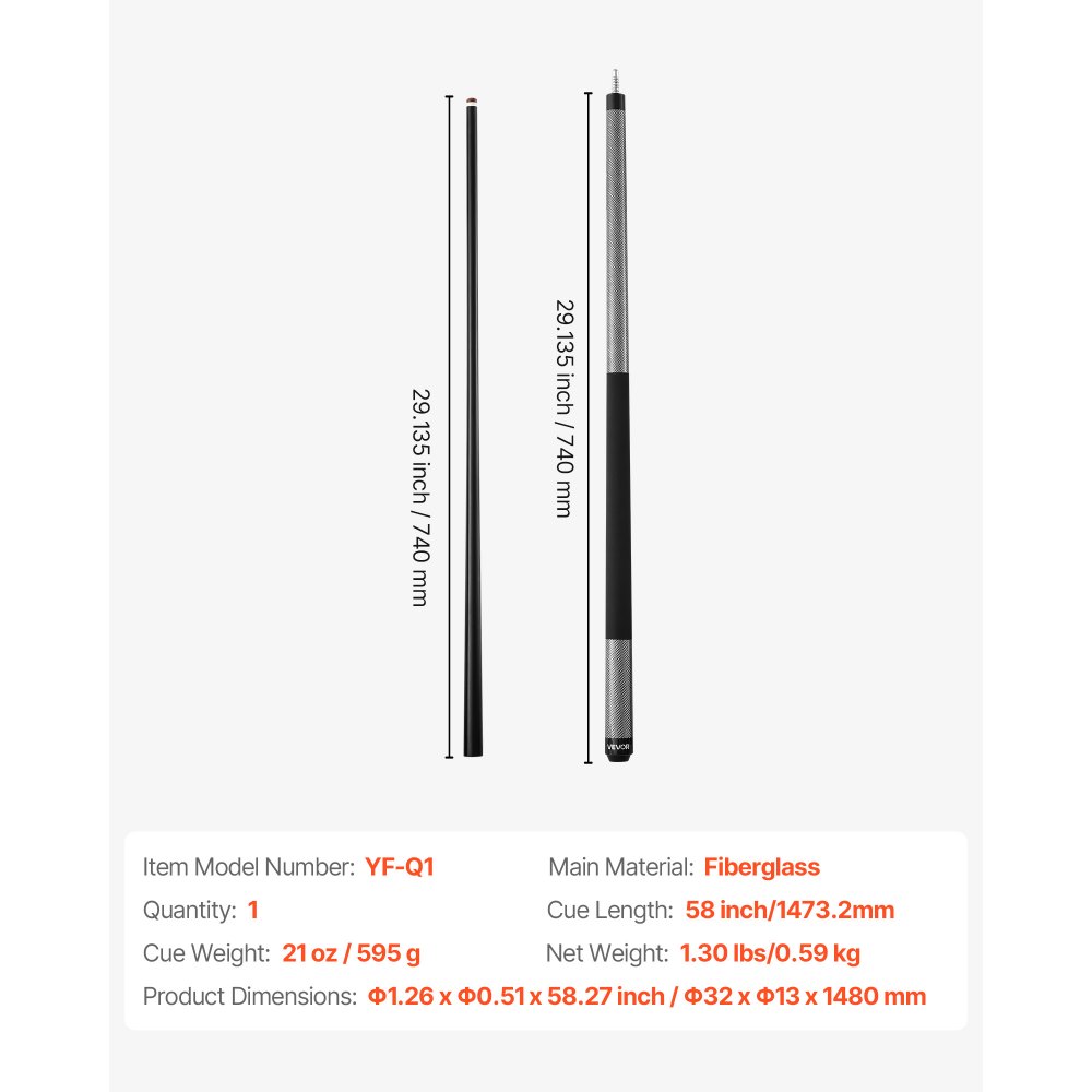 Kij bilardowy VEVOR 1 szt. (1473,2 mm / 595 g) wykonany z włókna szklanego z wielowarstwową końcówką, odpowiedni do baru, domu, biura, do gry w 9-bil, do bilarda