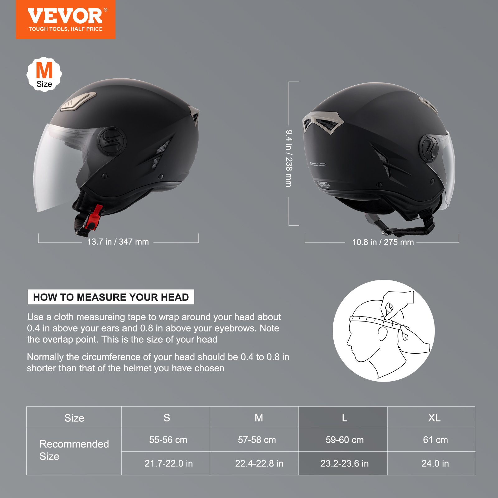 Kask motocyklowy VEVOR, kask motocrossowy, rozmiar 3/4, rozmiar L, ABS, z gniazdem Bluetooth i wymiennymi soczewkami, wygodny kask motocrossowy z certyfikatem DOT, dla młodzieży i dorosłych, czarny